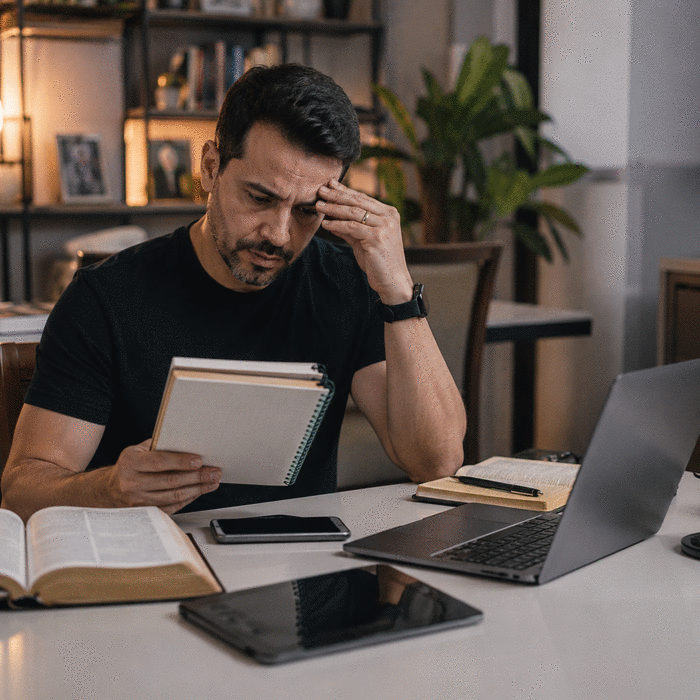 Pregador sobrecarregado com cadernos, celular, tablet e laptop na mesa