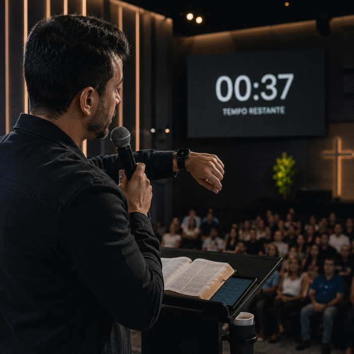 Pregador olhando o relógio com cronômetro de tempo restante projetado no telão
