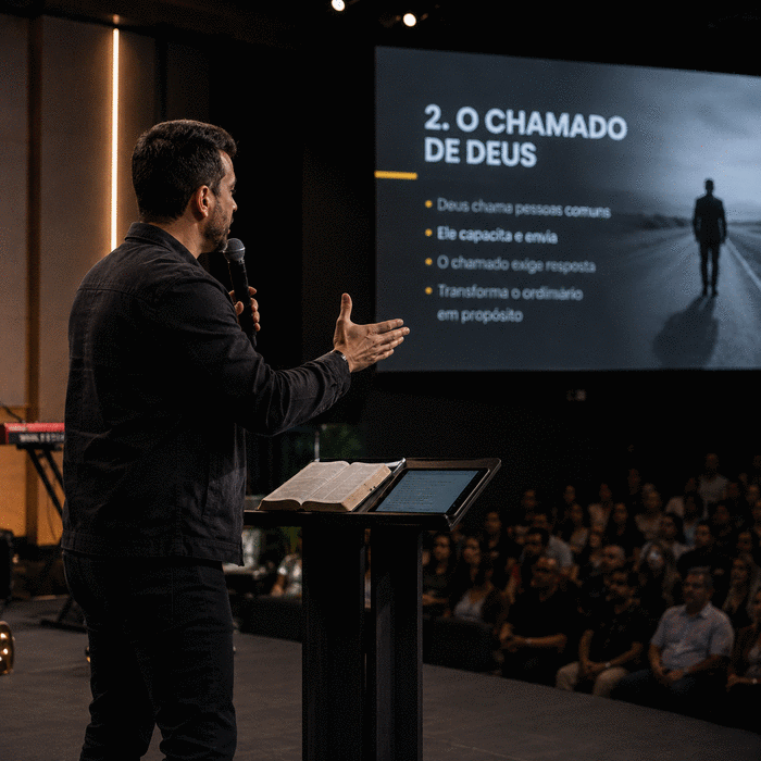 Pregador falando enquanto o slide correto aparece atrasado no telão atrás dele