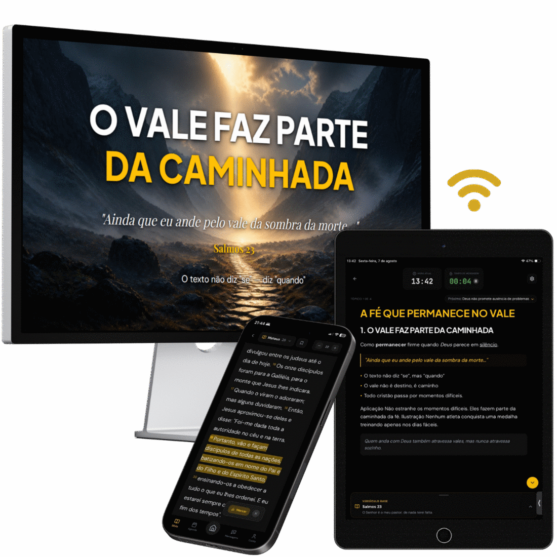 IDE APP em uso no telão da igreja, no tablet e no celular do pregador